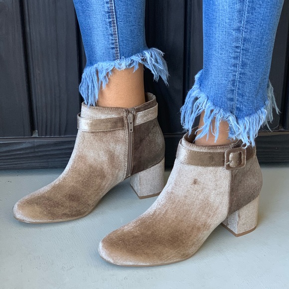 Champagne Crushed Velvet Buckled Ankle Bootie - Picture 2 of 5